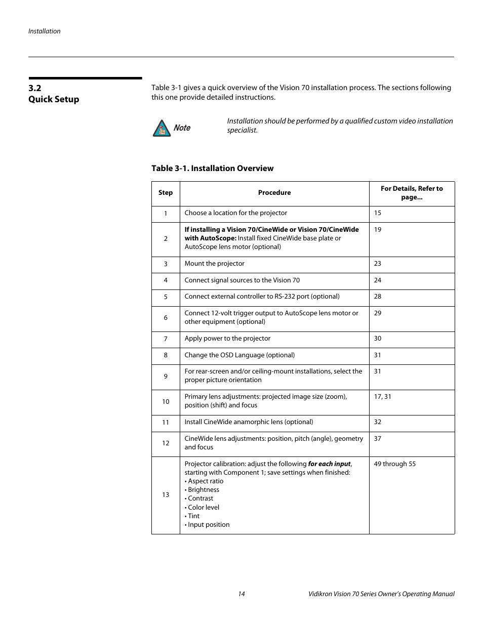 2 quick setup, Table 3-1 . installation overview, Quick setup | Pre l iminar y | Vidikron SERIES 1080p User Manual | Page 26 / 88