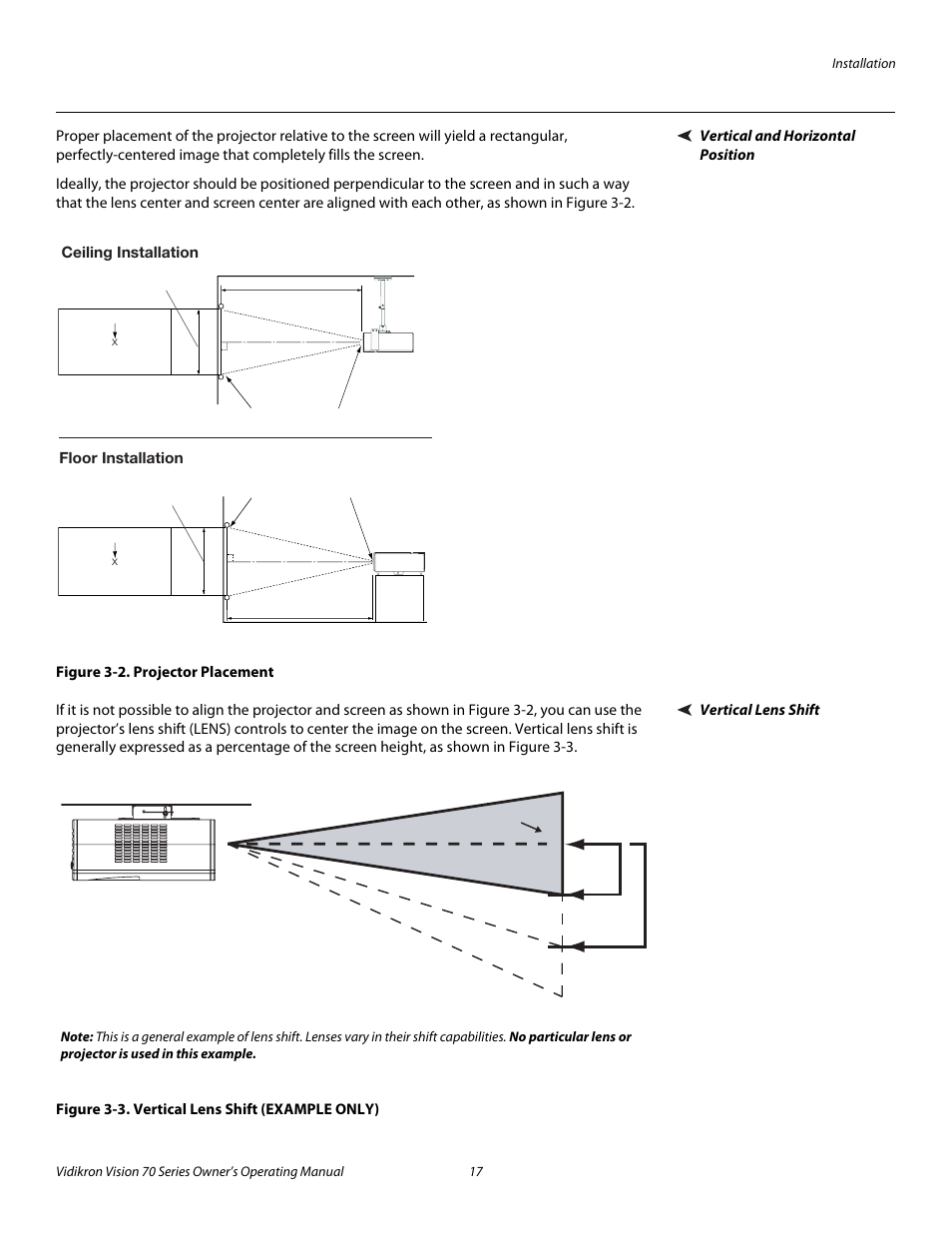 Vertical and horizontal position, Figure 3-2 . projector placement, Vertical lens shift | Figure 3-3 . vertical lens shift (example only), 2. projector placement, 3. vertical lens shift (example only), Pre l iminar y | Vidikron SERIES 1080p User Manual | Page 29 / 88