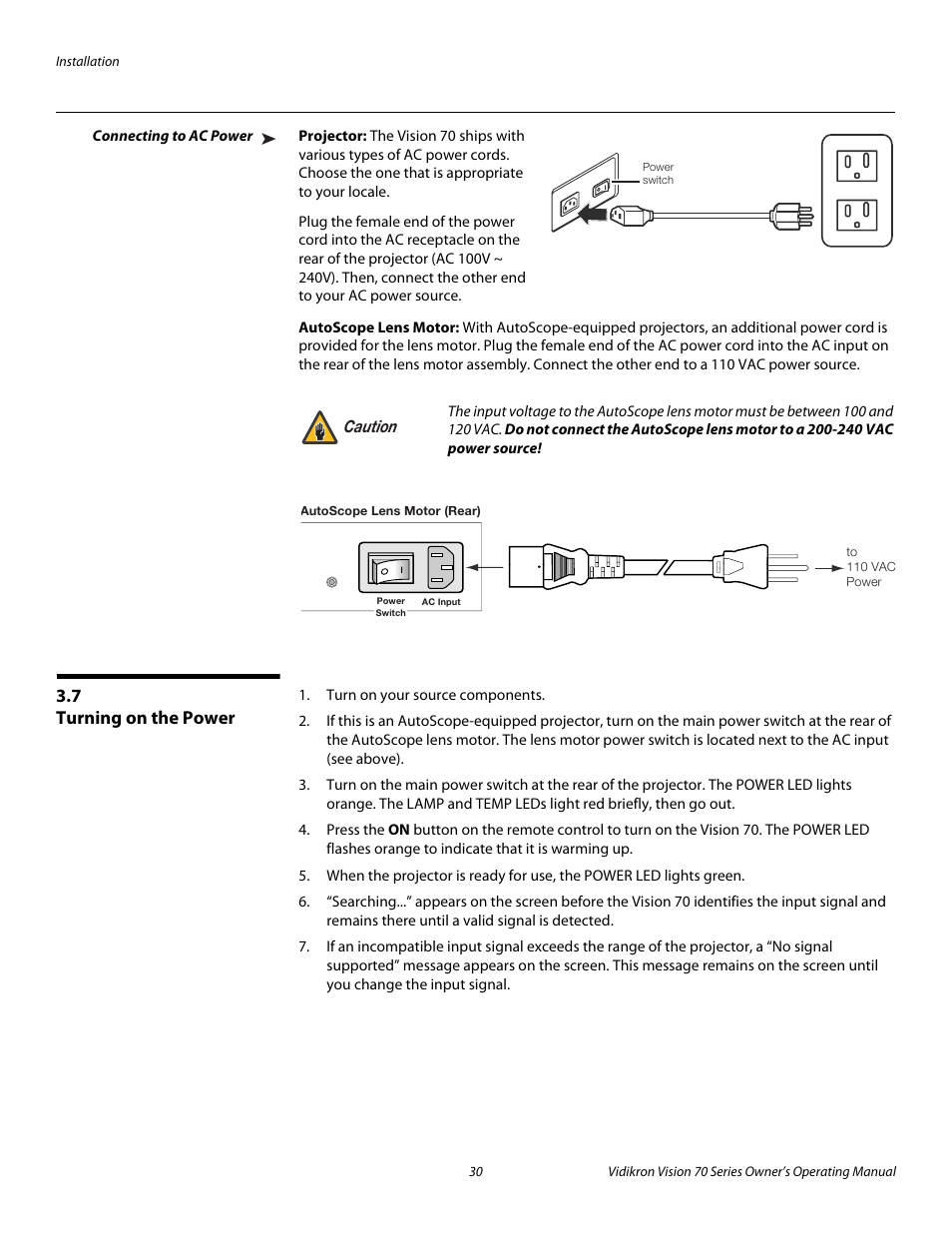 Connecting to ac power, Projector, Autoscope lens motor | 7 turning on the power, Turning on the power, Pre l iminar y | Vidikron SERIES 1080p User Manual | Page 42 / 88