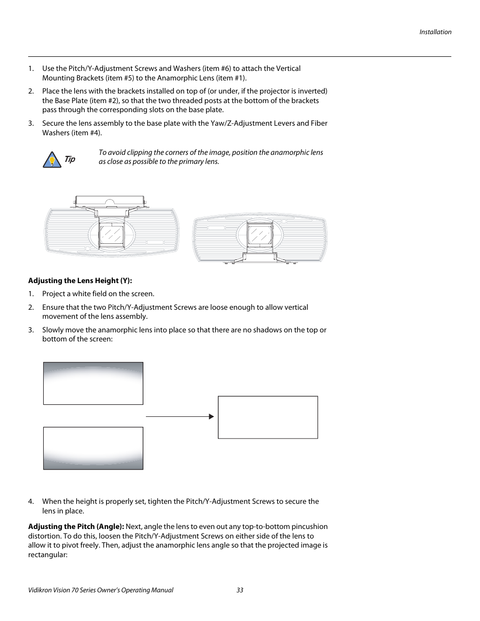 Adjusting the lens height (y), Adjusting the pitch (angle), Pre l iminar y | Vidikron SERIES 1080p User Manual | Page 45 / 88