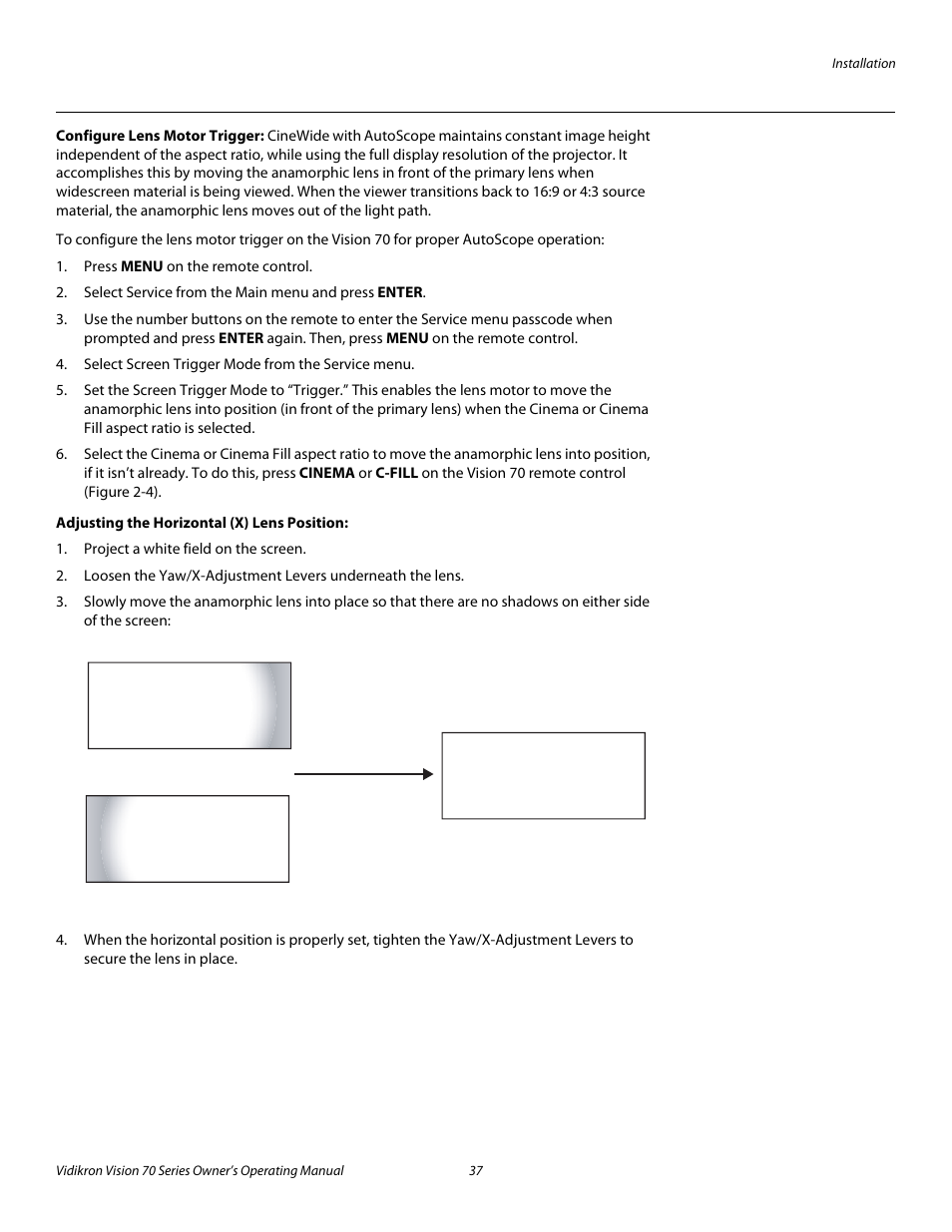 Configure lens motor trigger, Adjusting the horizontal (x) lens position, Pre l iminar y | Vidikron SERIES 1080p User Manual | Page 49 / 88