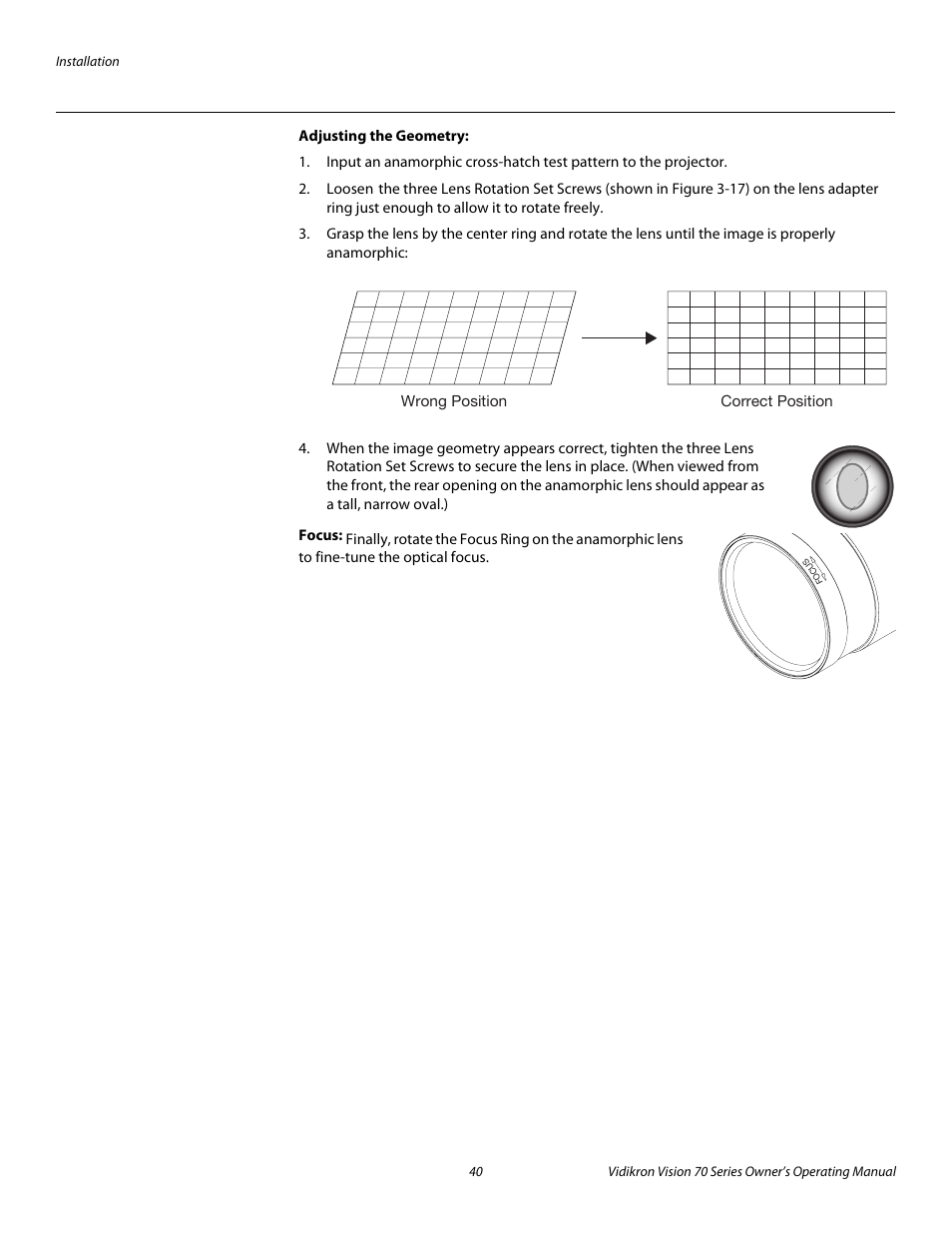 Adjusting the geometry, Focus, Pre l iminar y | Vidikron SERIES 1080p User Manual | Page 52 / 88