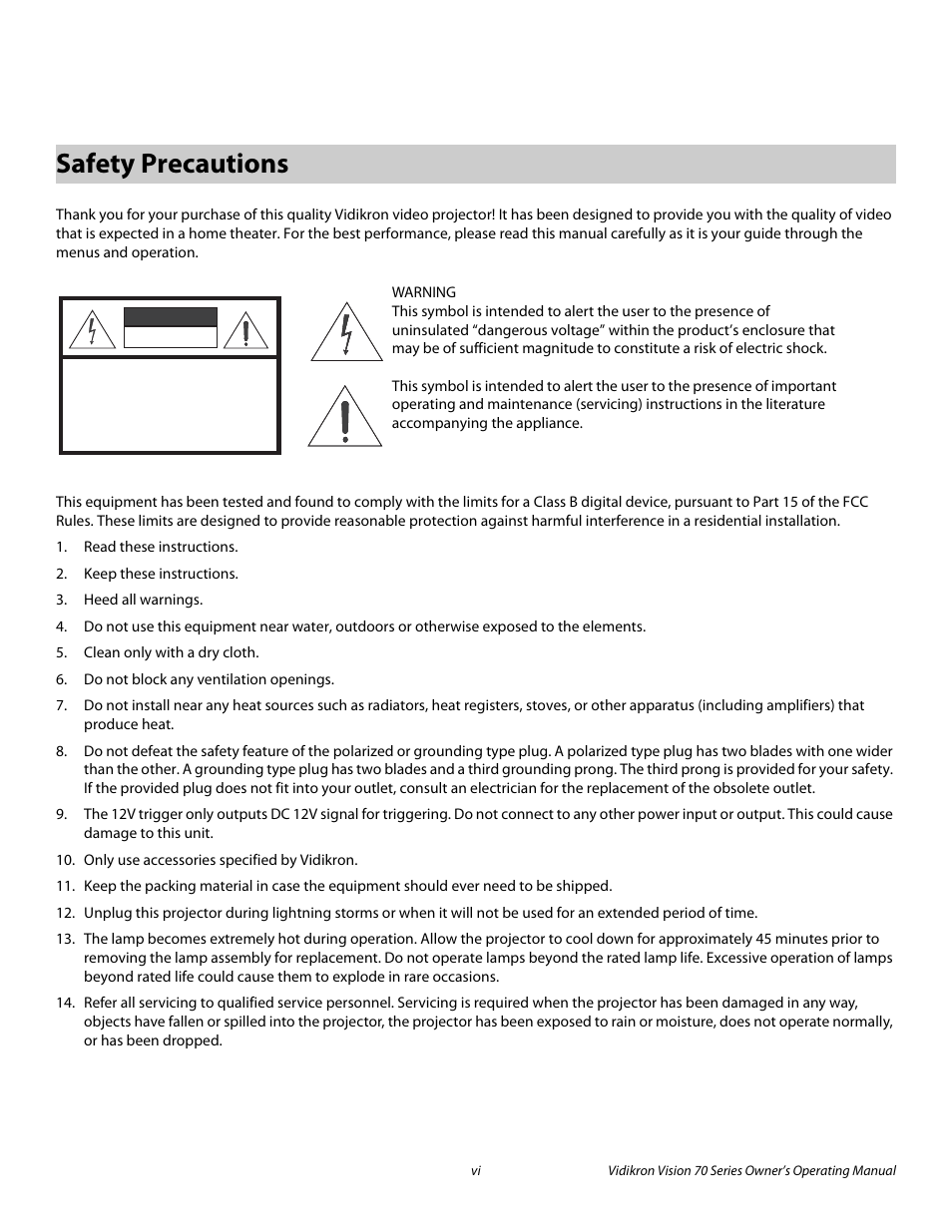 Safety precautions, Pre l iminar y | Vidikron SERIES 1080p User Manual | Page 6 / 88