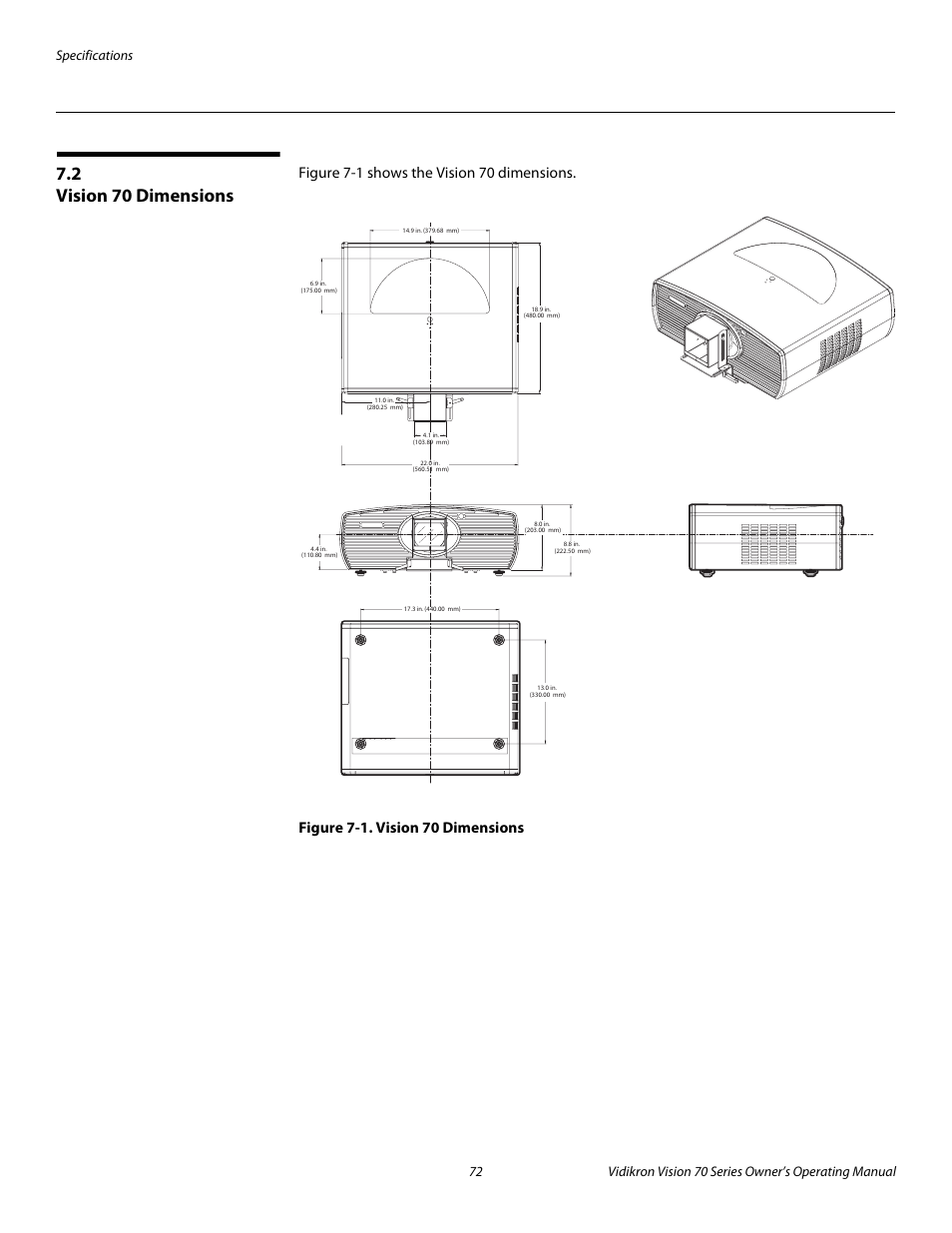 2 vision 70 dimensions, Figure 7-1 . vision 70 dimensions, Vision 70 dimensions | 1. vision 70 dimensions, Pre l iminar y | Vidikron SERIES 1080p User Manual | Page 84 / 88