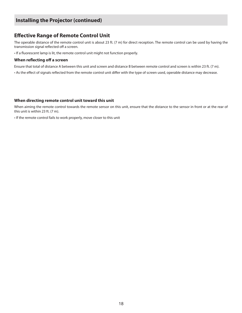 Effective range of remote control unit, Eﬀ ective range of remote control unit, Installing the projector (continued) | Vidikron D-ILA 80 User Manual | Page 18 / 40