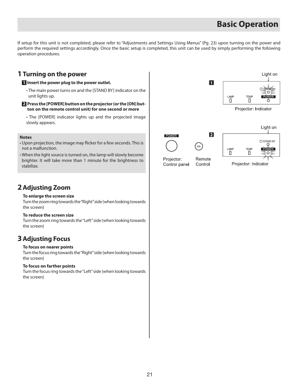 Basic operation, Turning on the power, Adjusting zoom | Adjusting focus | Vidikron D-ILA 80 User Manual | Page 21 / 40