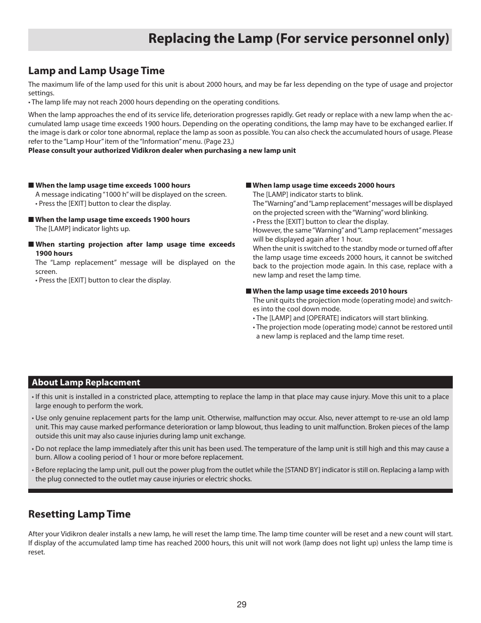 Replacing the lamp (for service personnel only), Light-source lamp and lamp usage time, Resetting lamp time | Lamp and lamp usage time | Vidikron D-ILA 80 User Manual | Page 29 / 40