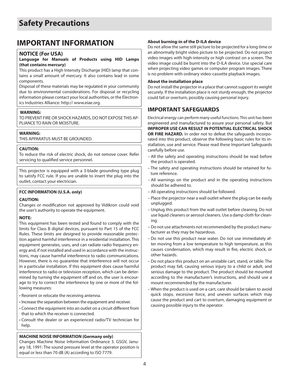 Safety precautions, Important information, Important safeguards | Vidikron D-ILA 80 User Manual | Page 4 / 40