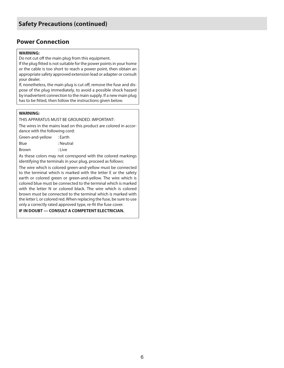 Power connection, Safety precautions (continued) | Vidikron D-ILA 80 User Manual | Page 6 / 40