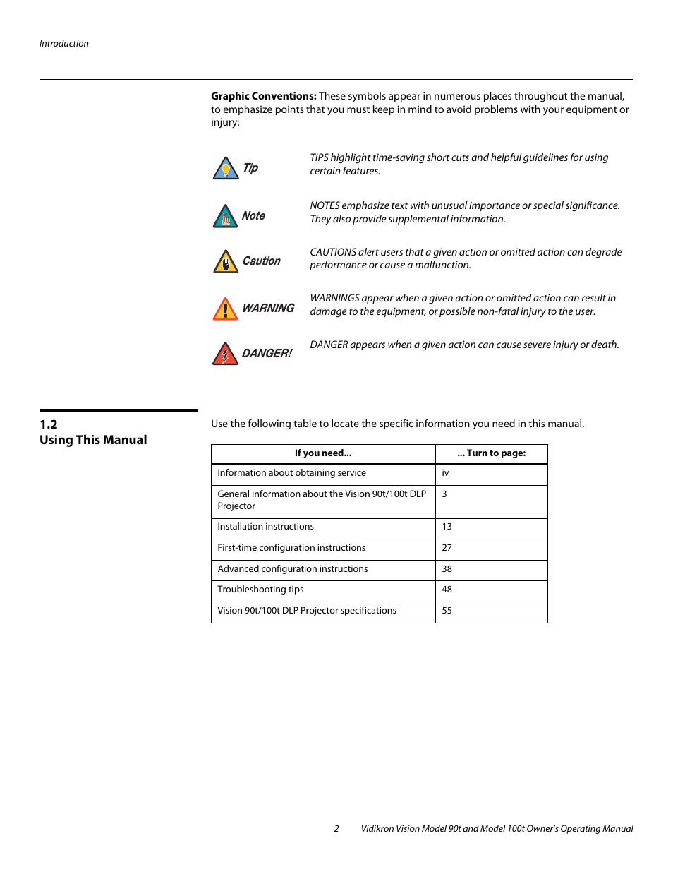 Graphic conventions, 2 using this manual, Using this manual | Vidikron Vision 90t User Manual | Page 12 / 76