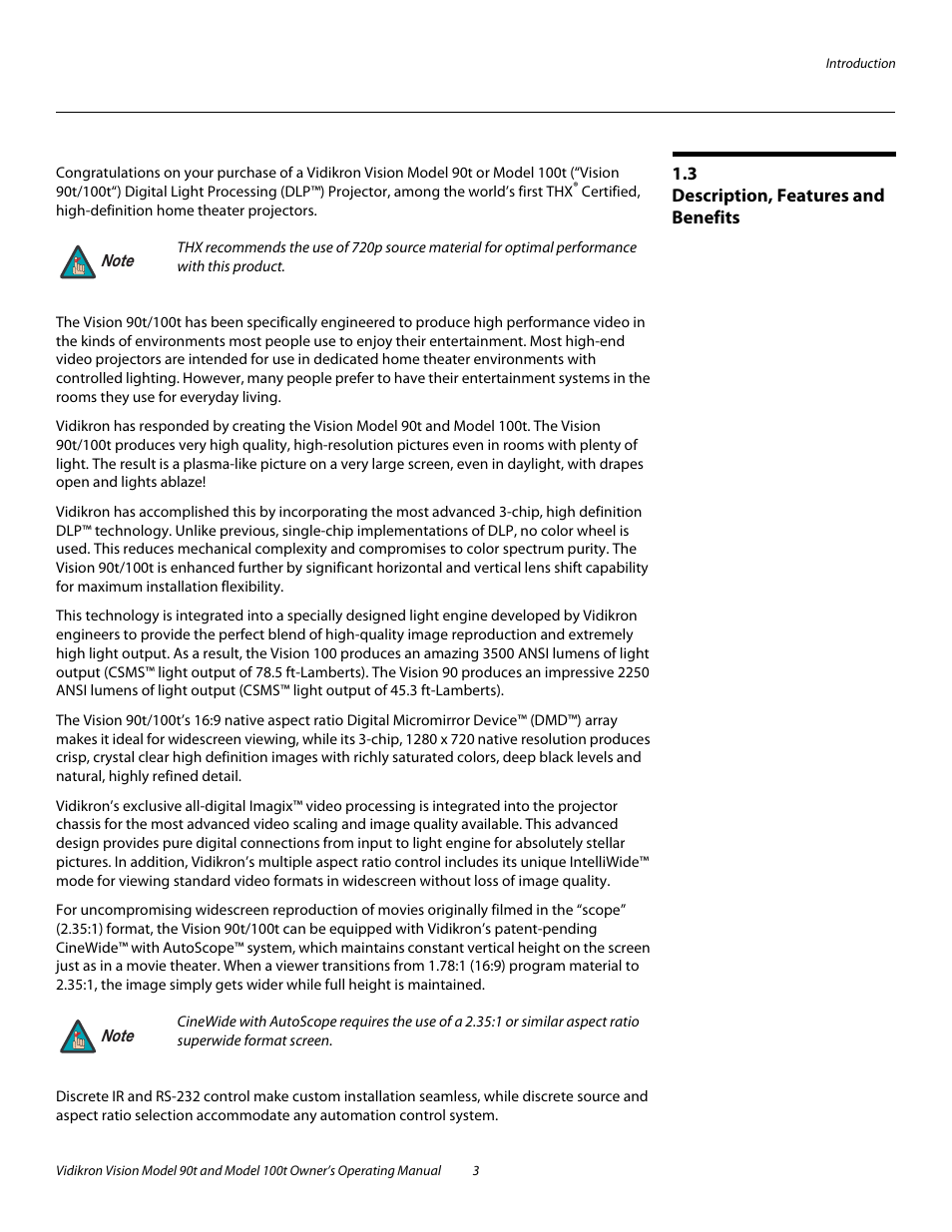 3 description, features and benefits, Description, features and benefits | Vidikron Vision 90t User Manual | Page 13 / 76