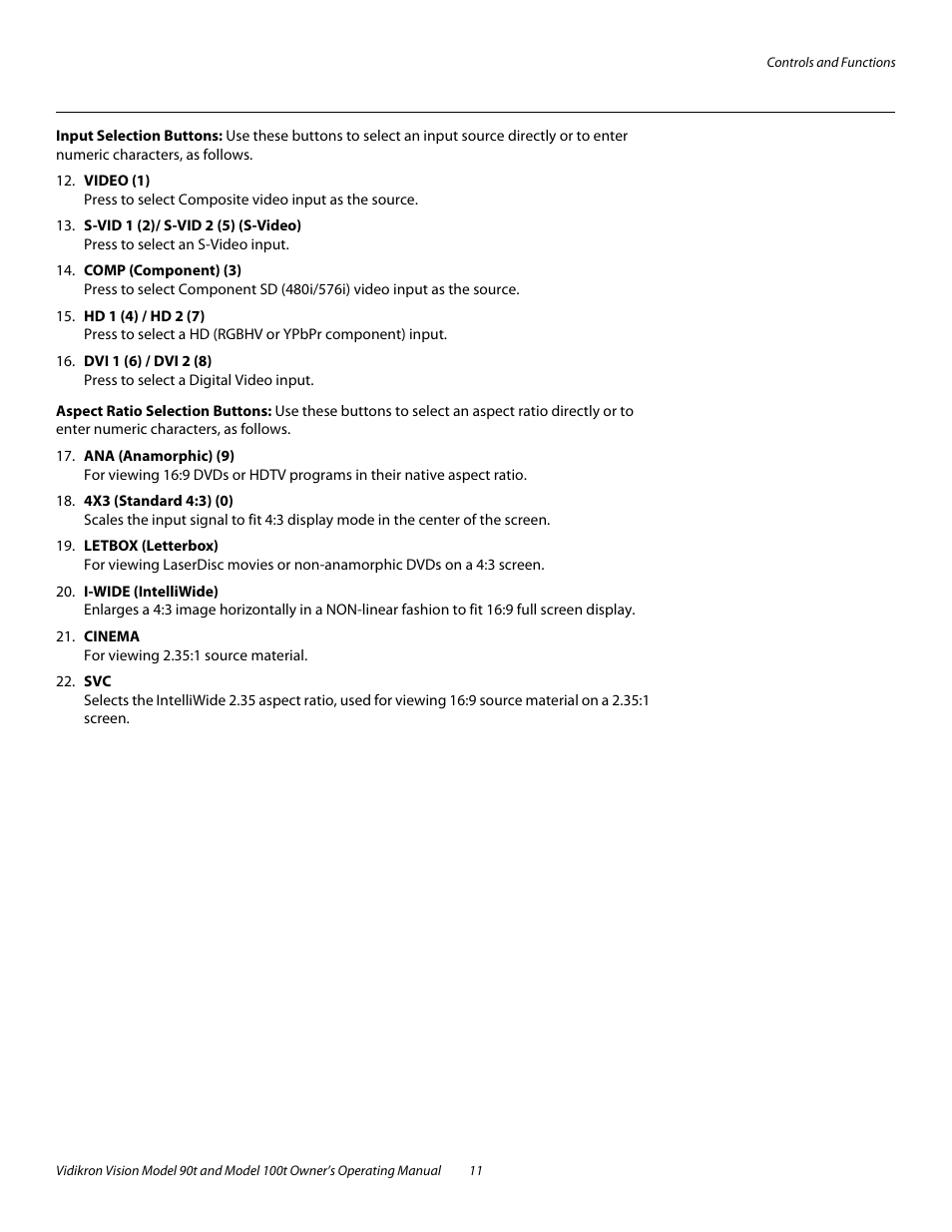 Input selection buttons, Aspect ratio selection buttons | Vidikron Vision 90t User Manual | Page 21 / 76