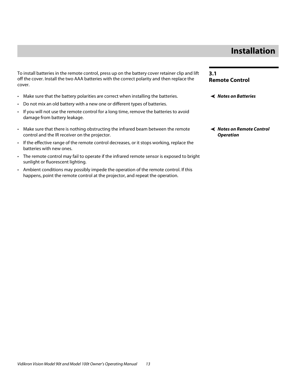 3 installation, 1 remote control, Notes on batteries | Notes on remote control operation, Installation, Remote control | Vidikron Vision 90t User Manual | Page 23 / 76