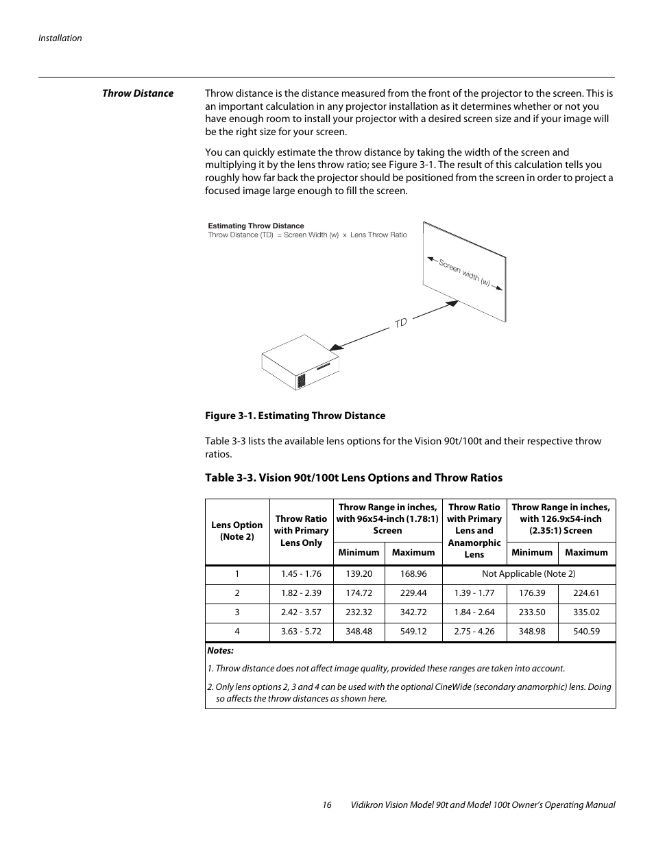 Throw distance, Figure 3-1 . estimating throw distance, 1. estimating throw distance | Vidikron Vision 90t User Manual | Page 26 / 76