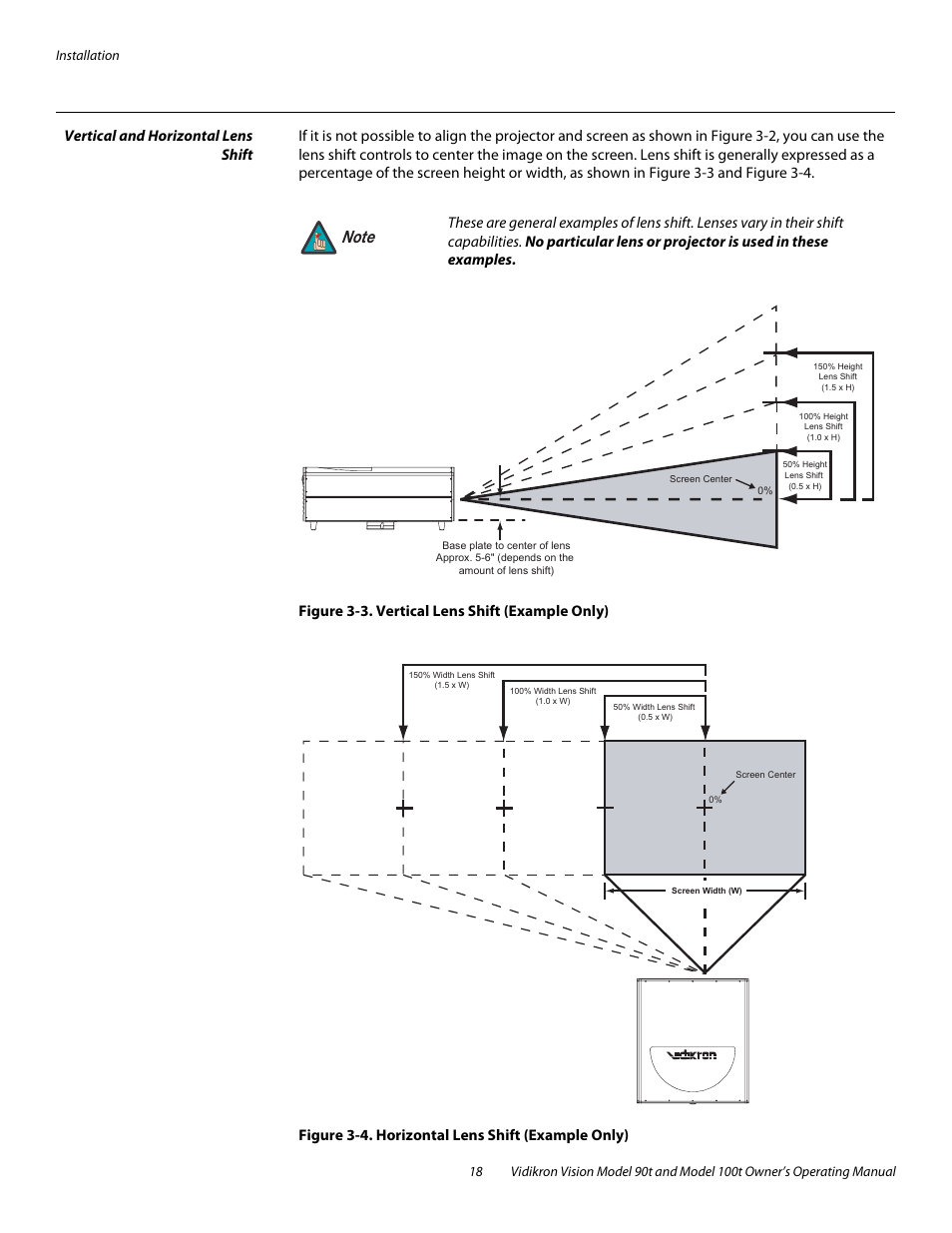 Vertical and horizontal lens shift, Figure 3-3 . vertical lens shift (example only), Figure 3-4 . horizontal lens shift (example only) | 3. vertical lens shift (example only), 4. horizontal lens shift (example only) | Vidikron Vision 90t User Manual | Page 28 / 76