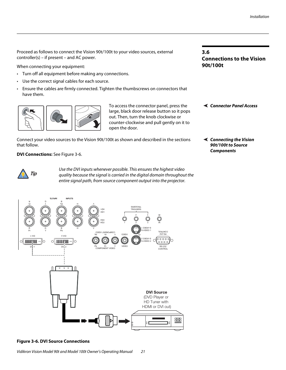 6 connections to the vision 90t/100t, Connector panel access, Dvi connections | Figure 3-6 . dvi source connections, Connections to the vision 90t/100t, 6. dvi source connections | Vidikron Vision 90t User Manual | Page 31 / 76