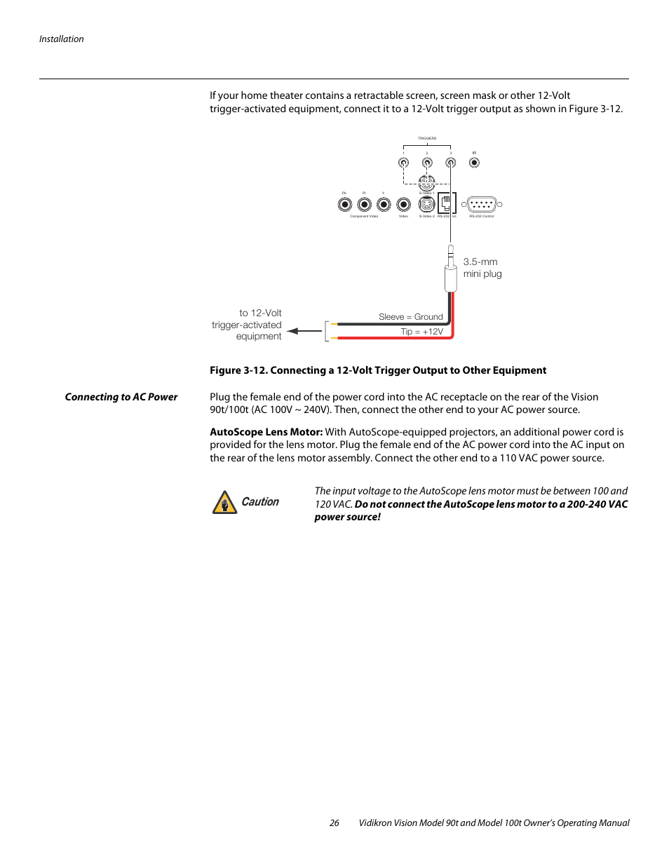 Connecting to ac power, Autoscope lens motor, Caution | Vidikron Vision 90t User Manual | Page 36 / 76