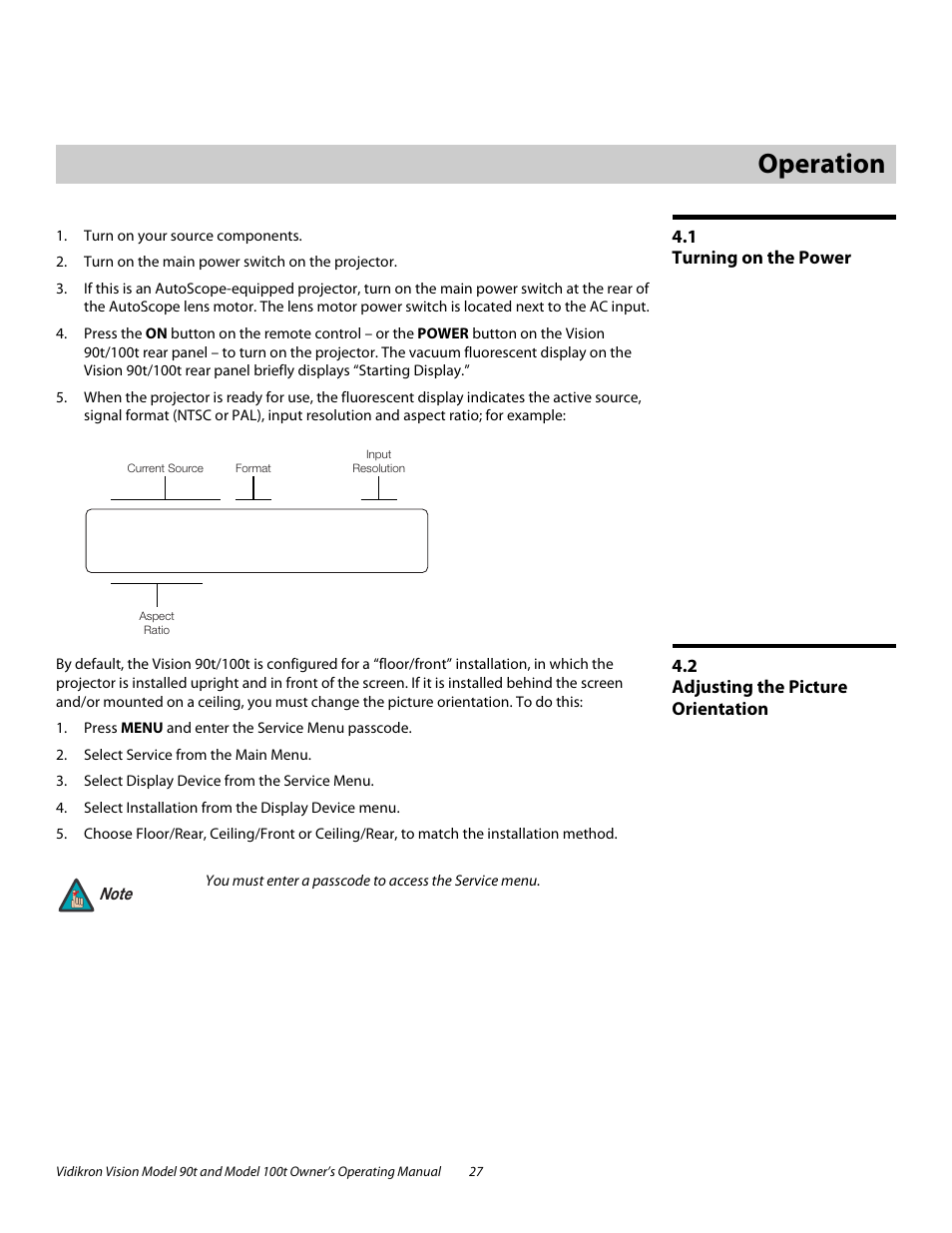 4 operation, 1 turning on the power, 2 adjusting the picture orientation | Operation, Turning on the power, Adjusting the picture orientation | Vidikron Vision 90t User Manual | Page 37 / 76