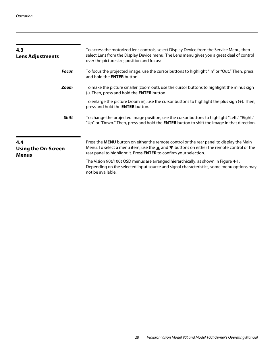 3 lens adjustments, Focus, Zoom | Shift, 4 using the on-screen menus, Lens adjustments, Using the on-screen menus | Vidikron Vision 90t User Manual | Page 38 / 76