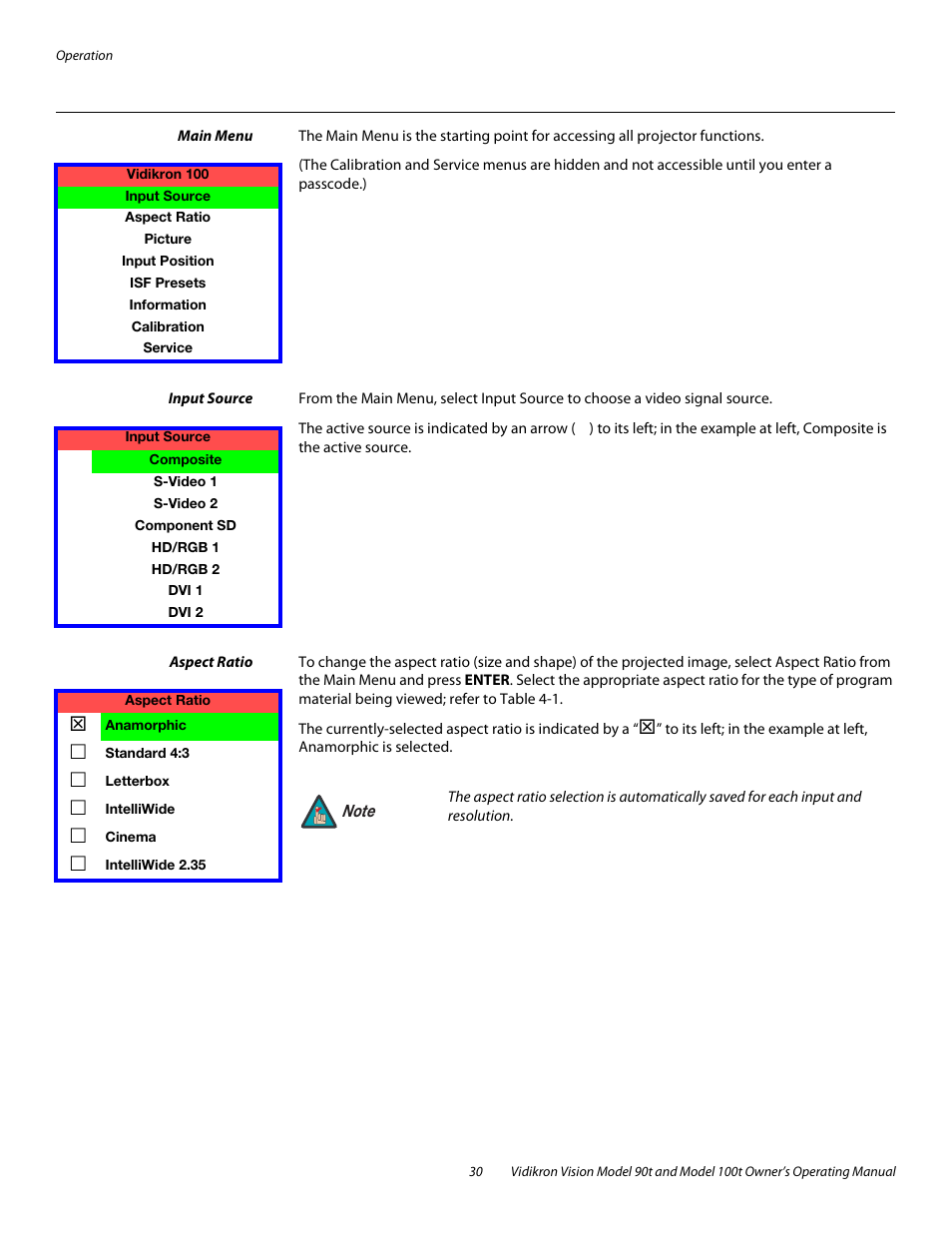 Main menu, Input source, Aspect ratio | 30 through 3 | Vidikron Vision 90t User Manual | Page 40 / 76