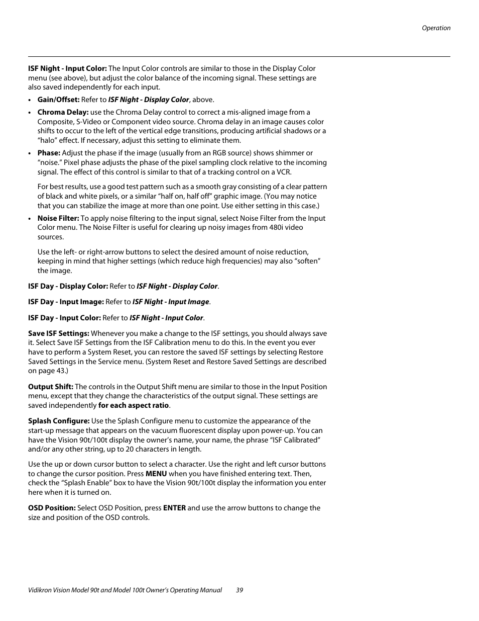 Isf night - input color, Isf day - display color, Isf day - input image | Isf day - input color, Save isf settings, Output shift, Splash configure, Osd position | Vidikron Vision 90t User Manual | Page 49 / 76
