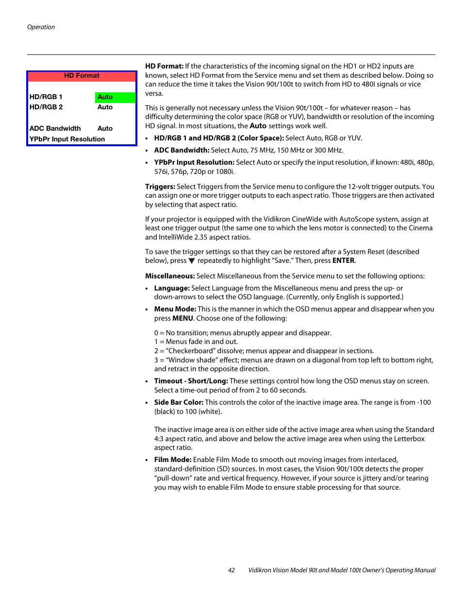 Hd format, Triggers, Miscellaneous | Vidikron Vision 90t User Manual | Page 52 / 76