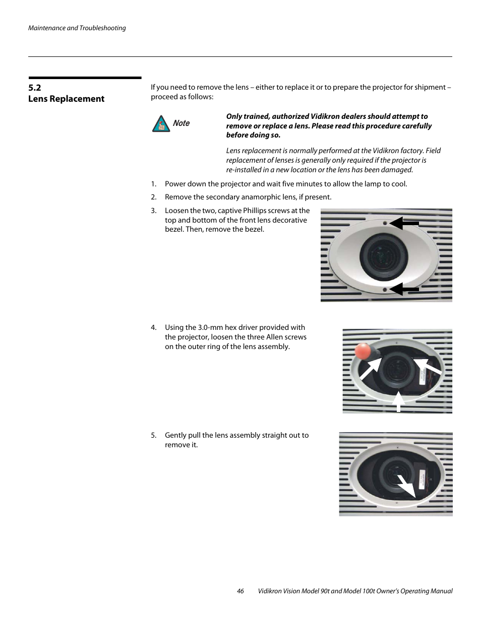 2 lens replacement, Lens replacement | Vidikron Vision 90t User Manual | Page 56 / 76