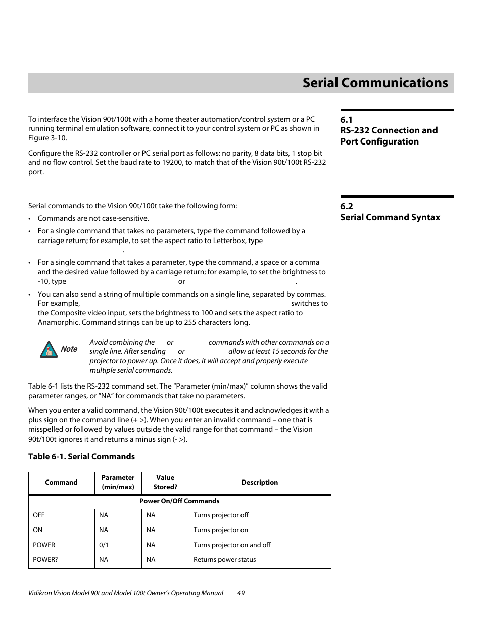 6 serial communications, 1 rs-232 connection and port configuration, 2 serial command syntax | Table 6-1 . serial commands, Serial communications, Rs-232 connection and port configuration, Serial command syntax | Vidikron Vision 90t User Manual | Page 59 / 76