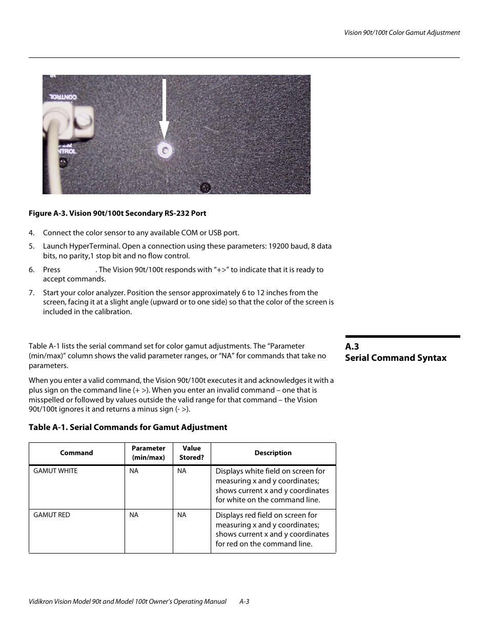 Figure a-3 . vision 90t/100t secondary rs-232 port, A.3 serial command syntax, Table a-1 . serial commands for gamut adjustment | Vidikron Vision 90t User Manual | Page 71 / 76