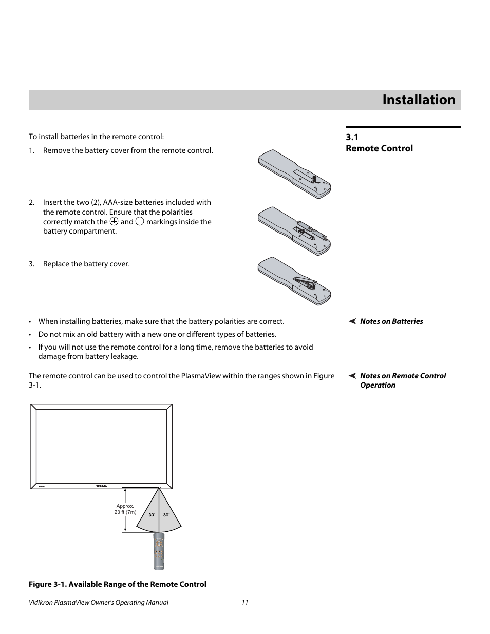 3 installation, 1 remote control, Notes on batteries | Notes on remote control operation, Figure 3-1 . available range of the remote control, Installation, Remote control, 1. available range of the remote control, Pre l iminar y | Vidikron VP-42HD User Manual | Page 21 / 64