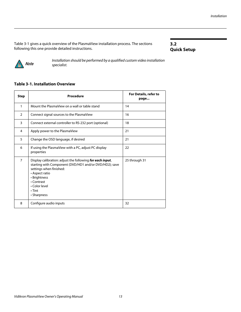 2 quick setup, Table 3-1 . installation overview, Quick setup | Pre l iminar y | Vidikron VP-42HD User Manual | Page 23 / 64