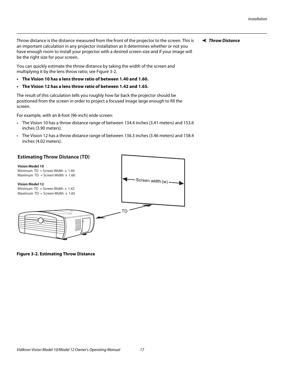 Throw distance, Figure 3-2 . estimating throw distance, 2. estimating throw distance | Pre l iminar y | Vidikron Vision 12 User Manual | Page 27 / 74