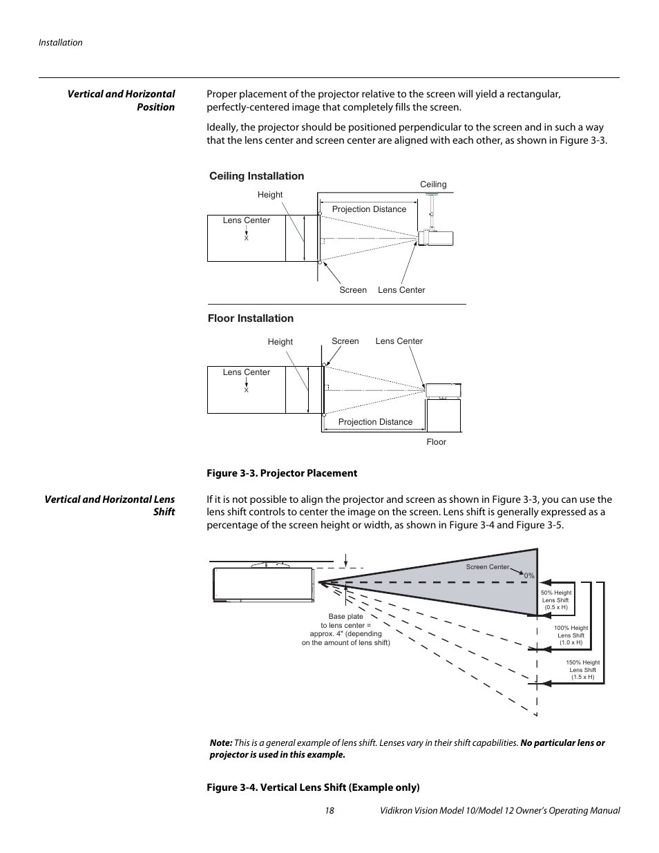 Vertical and horizontal position, Figure 3-3 . projector placement, Vertical and horizontal lens shift | Figure 3-4 . vertical lens shift (example only), 3. projector placement, 4. vertical lens shift (example only), Iminar, Pre l iminar y | Vidikron Vision 12 User Manual | Page 28 / 74