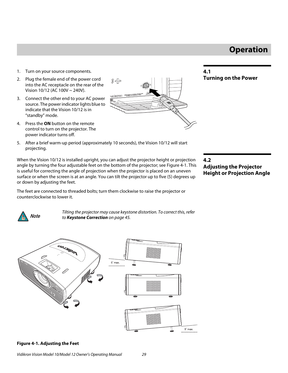 4 operation, 1 turning on the power, Figure 4-1 . adjusting the feet | Operation, Turning on the power, Adjusting the projector height or projection angle, 1. adjusting the feet, Pre l iminar y | Vidikron Vision 12 User Manual | Page 39 / 74