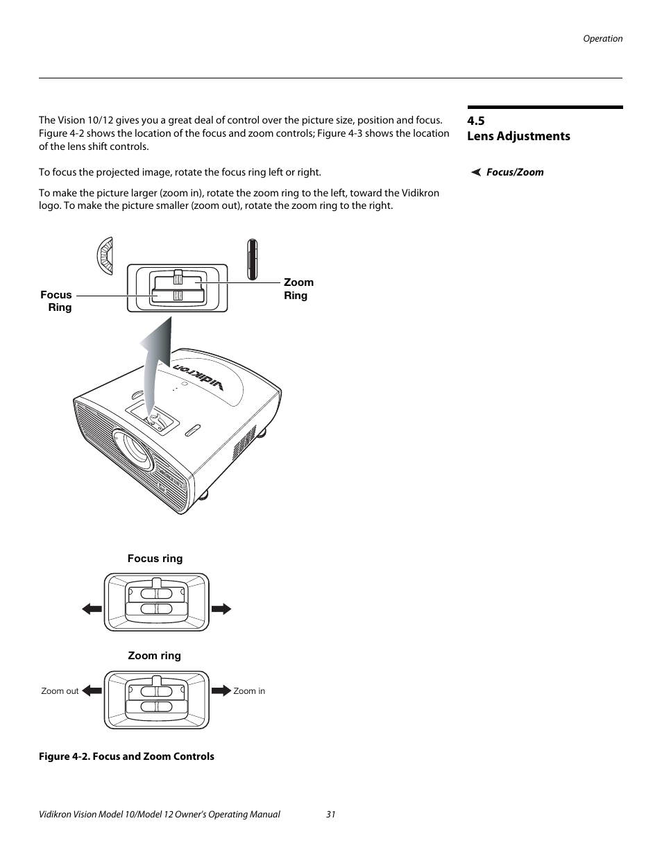 5 lens adjustments, Focus/zoom, Figure 4-2 . focus and zoom controls | Lens adjustments, 2. focus and zoom controls, Pre l iminar y | Vidikron Vision 12 User Manual | Page 41 / 74