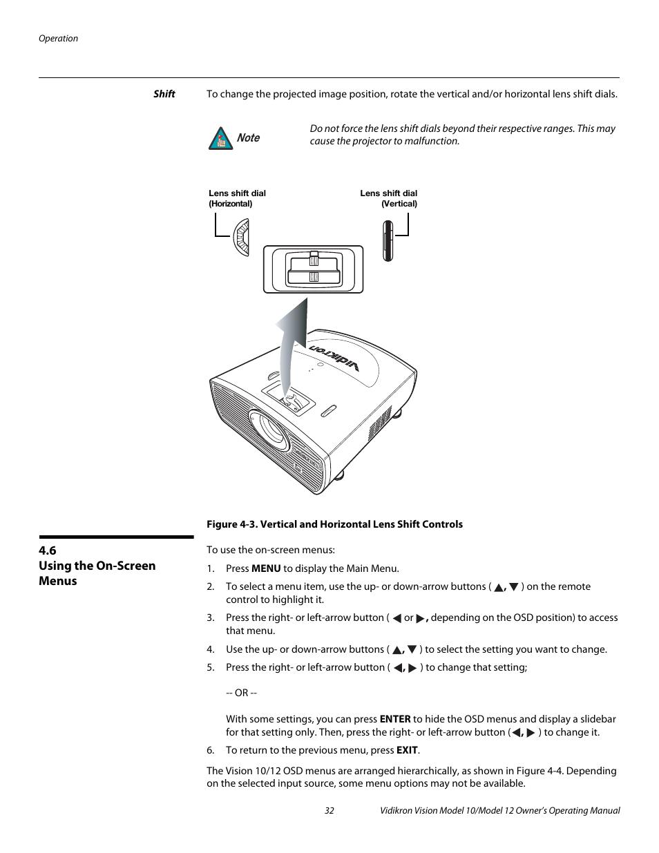 Shift, 6 using the on-screen menus, Using the on-screen menus | 3. vertical and horizontal lens shift controls, Pre l iminar y | Vidikron Vision 12 User Manual | Page 42 / 74