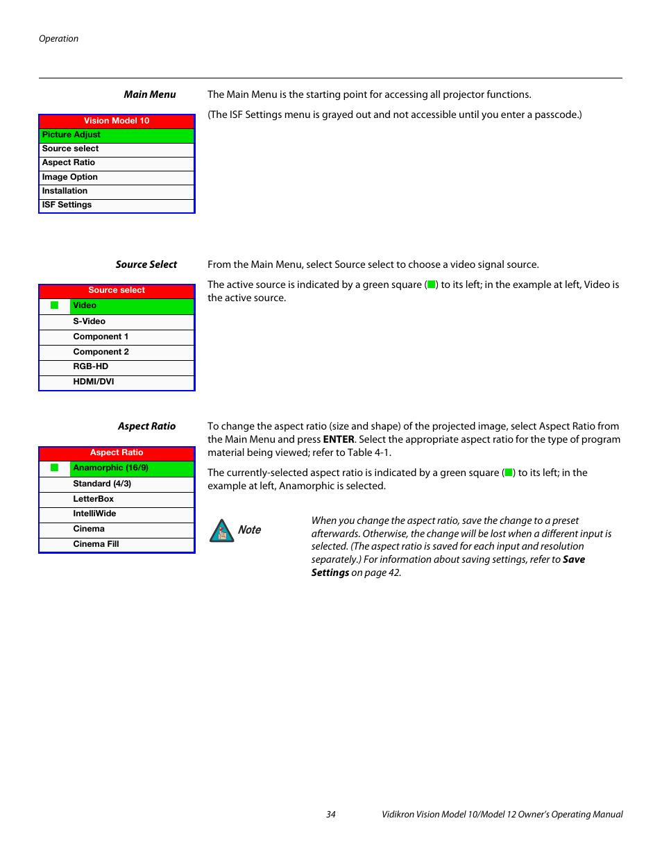 Main menu, Source select, Aspect ratio | 34 through, Pre l iminar y | Vidikron Vision 12 User Manual | Page 44 / 74