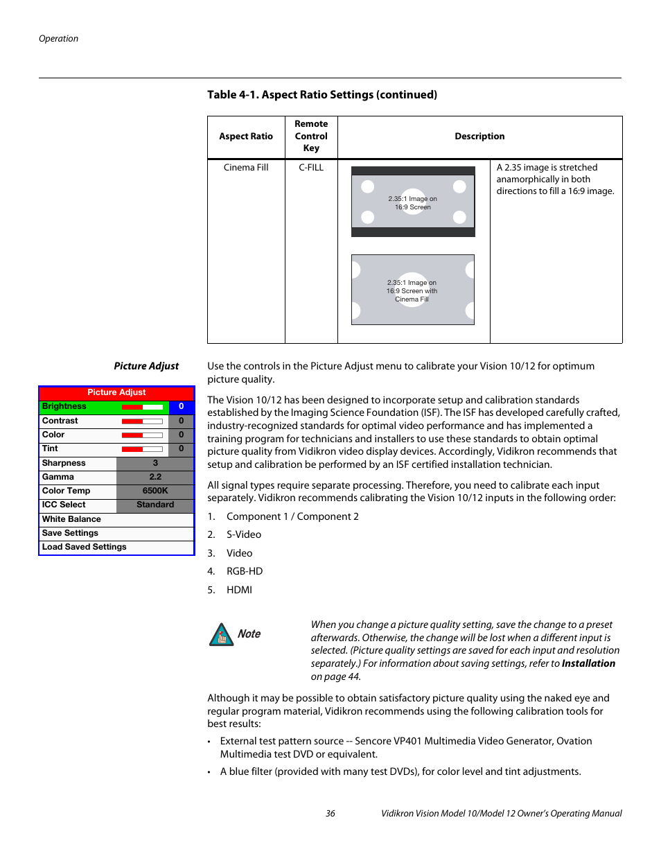 Picture adjust, Iminar, Pre l iminar y | Vidikron Vision 12 User Manual | Page 46 / 74