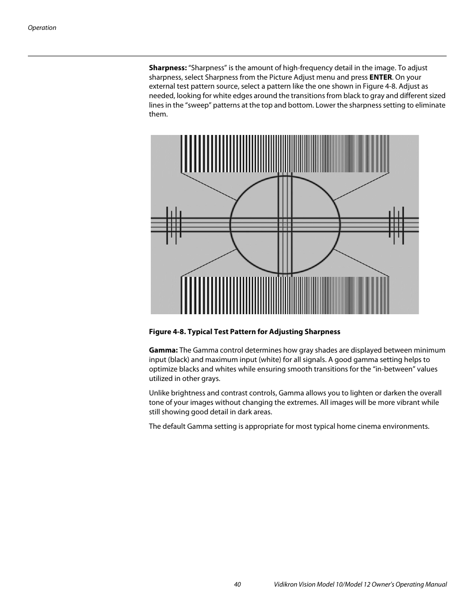 Sharpness, Gamma, 8. typical test pattern for adjusting sharpness | Pre l iminar y | Vidikron Vision 12 User Manual | Page 50 / 74