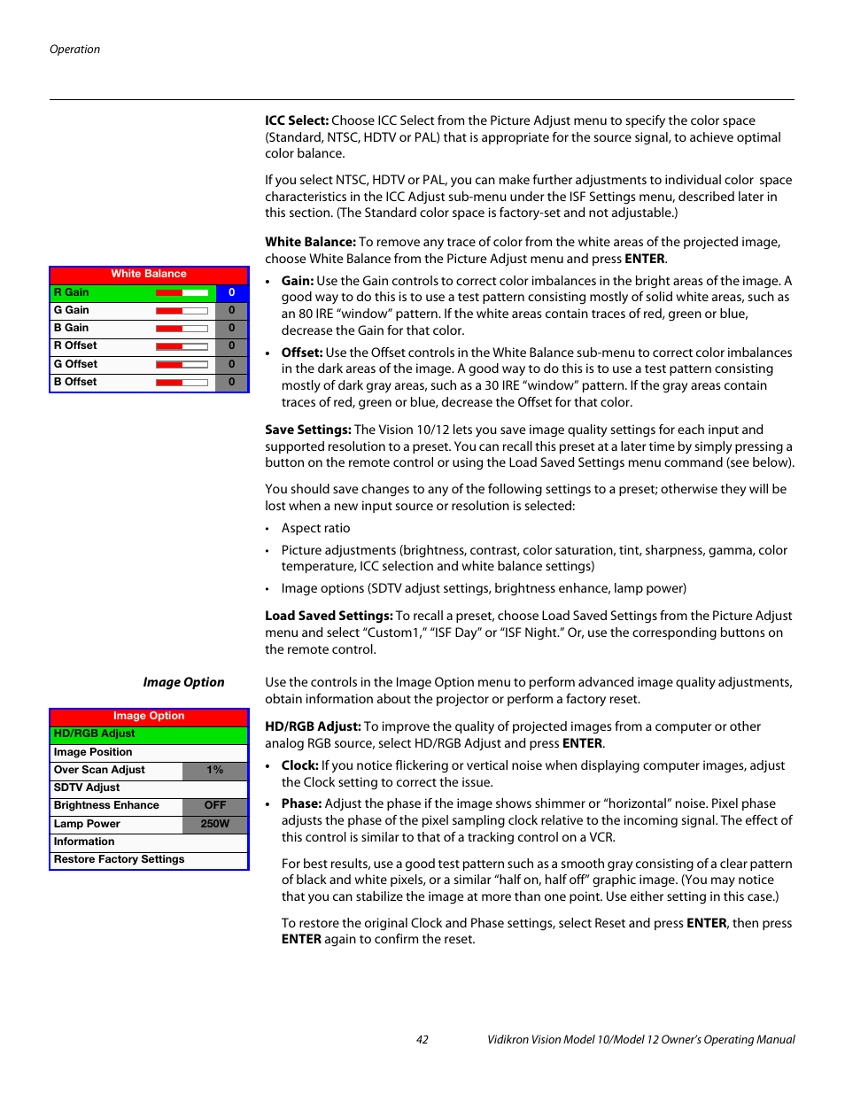 Icc select, White balance, Save settings | Load saved settings, Image option, Hd/rgb adjust, Pre l iminar y | Vidikron Vision 12 User Manual | Page 52 / 74