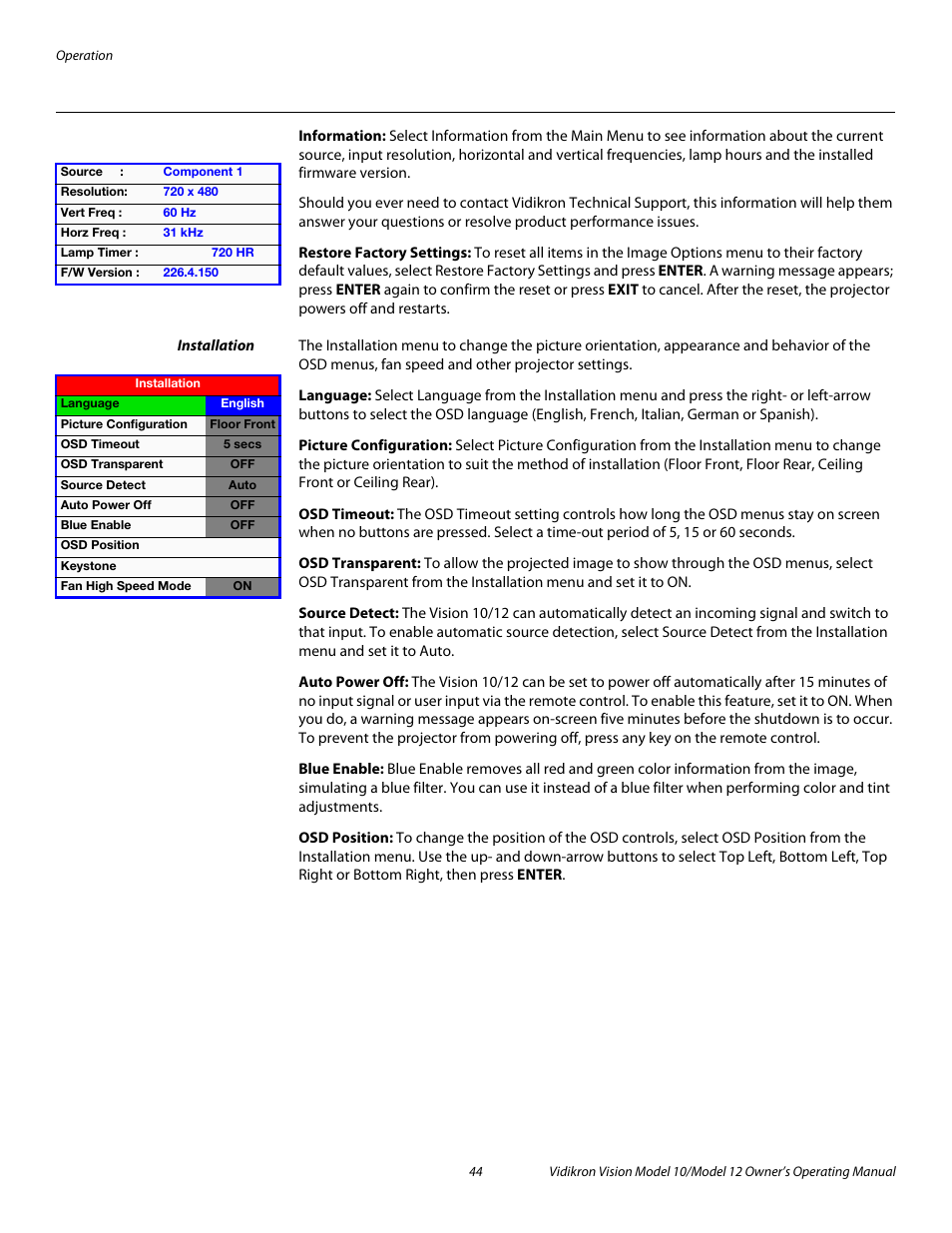 Information, Restore factory settings, Installation | Language, Picture configuration, Osd timeout, Osd transparent, Source detect, Auto power off, Blue enable | Vidikron Vision 12 User Manual | Page 54 / 74