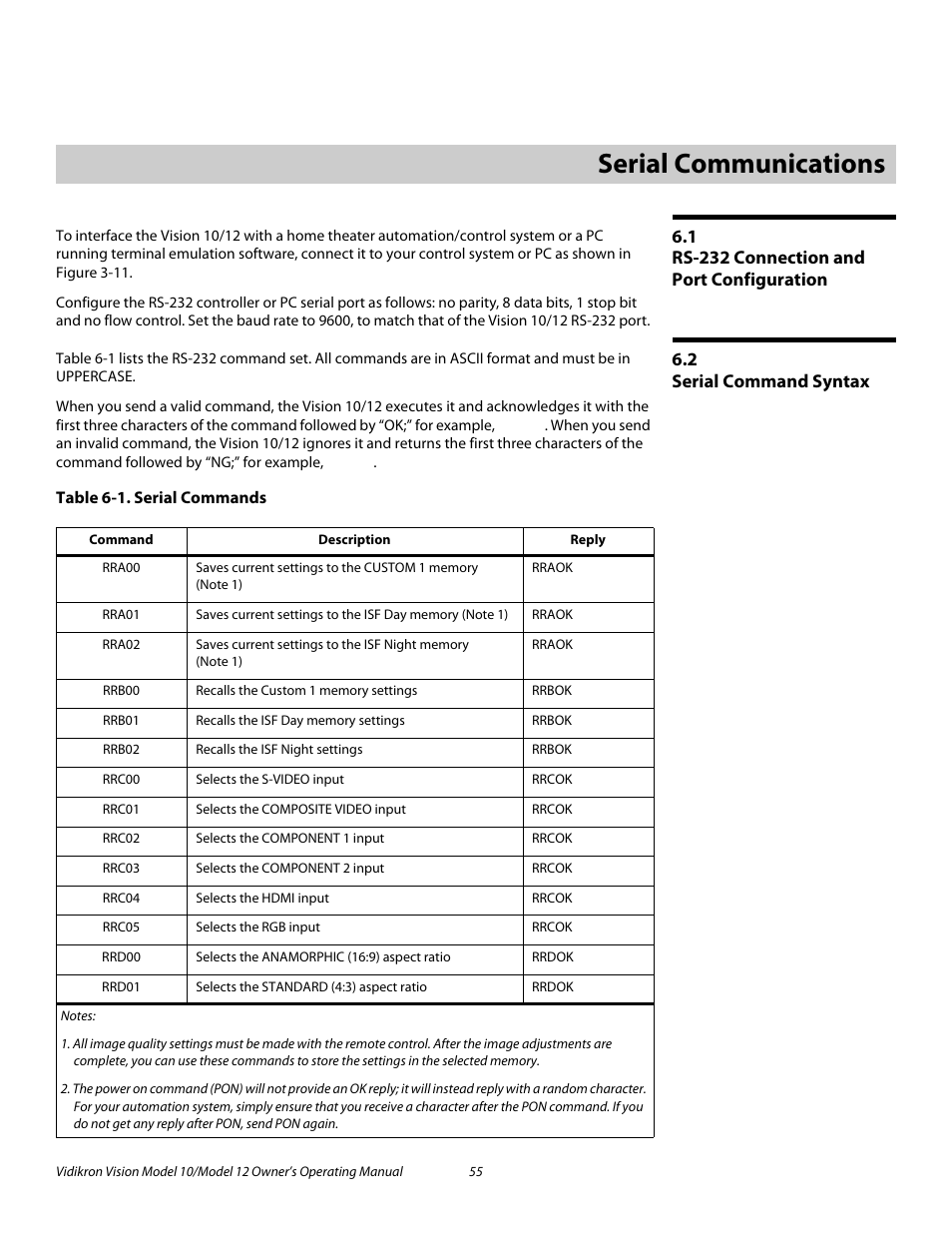 6 serial communications, 1 rs-232 connection and port configuration, 2 serial command syntax | Table 6-1 . serial commands, Serial communications, Rs-232 connection and port configuration, Serial command syntax, Pre l iminar y | Vidikron Vision 12 User Manual | Page 65 / 74