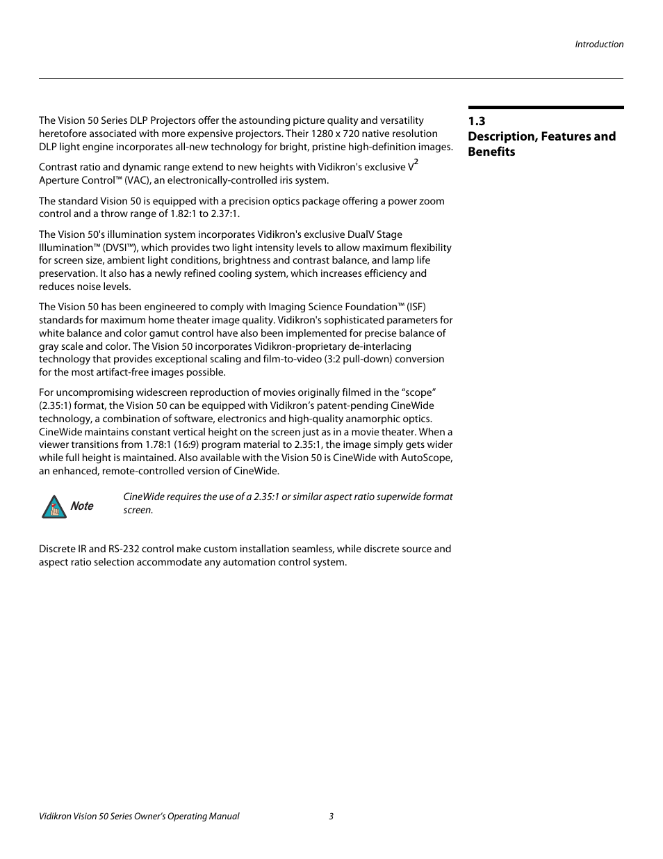 3 description, features and benefits, Description, features and benefits, Pre l iminar y | Vidikron Vision 50 User Manual | Page 15 / 90
