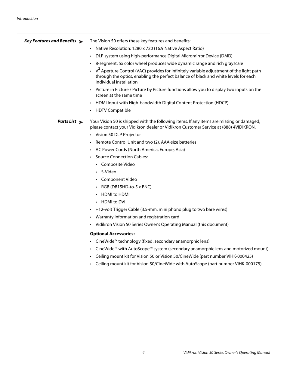 Key features and benefits, Parts list, Optional accessories | Pre l iminar y | Vidikron Vision 50 User Manual | Page 16 / 90