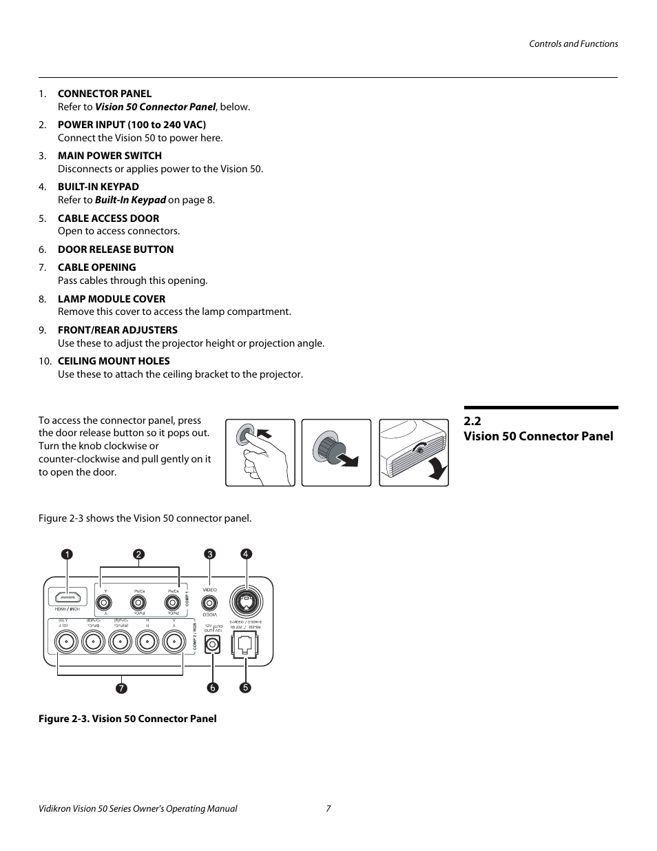 2 vision 50 connector panel, Figure 2-3 . vision 50 connector panel, Iminar | Vision 50 connector panel, 3. vision 50 connector panel, Pre l iminar y | Vidikron Vision 50 User Manual | Page 19 / 90