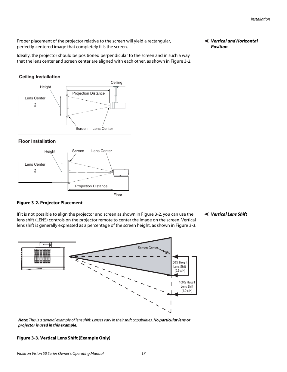 Vertical and horizontal position, Figure 3-2 . projector placement, Vertical lens shift | Figure 3-3 . vertical lens shift (example only), 2. projector placement, 3. vertical lens shift (example only), Pre l iminar y | Vidikron Vision 50 User Manual | Page 29 / 90