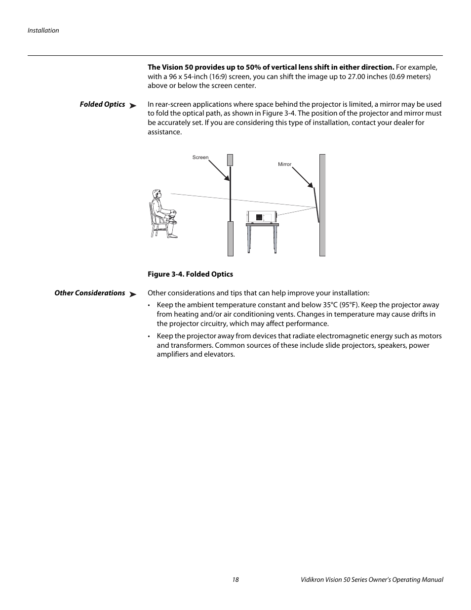 Folded optics, Figure 3-4 . folded optics, Other considerations | 4. folded optics, Pre l iminar y | Vidikron Vision 50 User Manual | Page 30 / 90