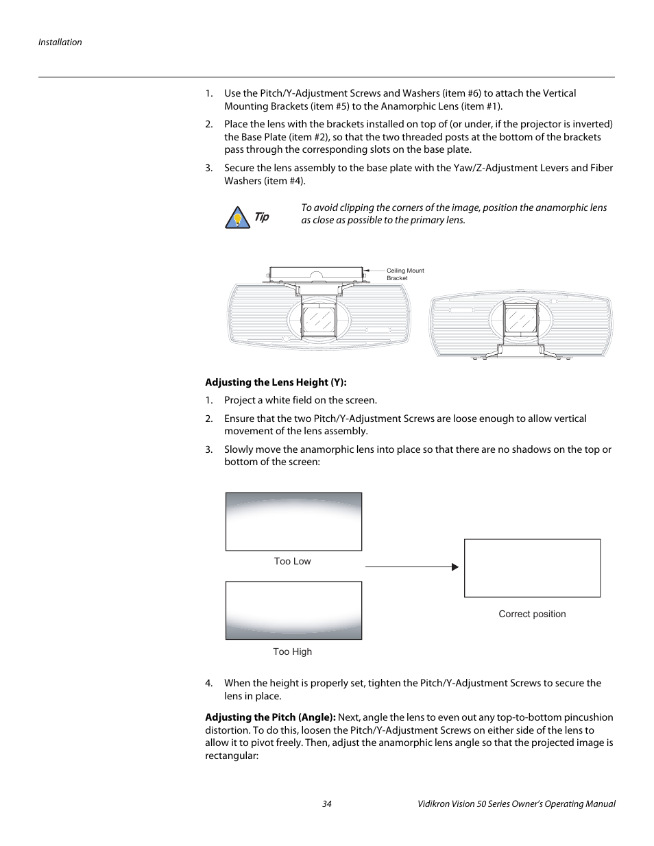 Adjusting the lens height (y), Adjusting the pitch (angle), Pre l iminar y | Vidikron Vision 50 User Manual | Page 46 / 90