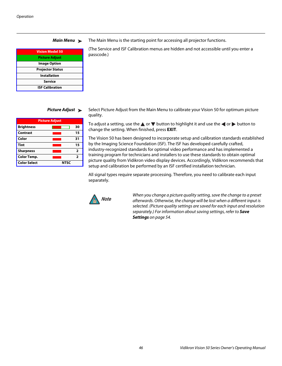 Main menu, Picture adjust, Pre l iminar y | Vidikron Vision 50 User Manual | Page 58 / 90