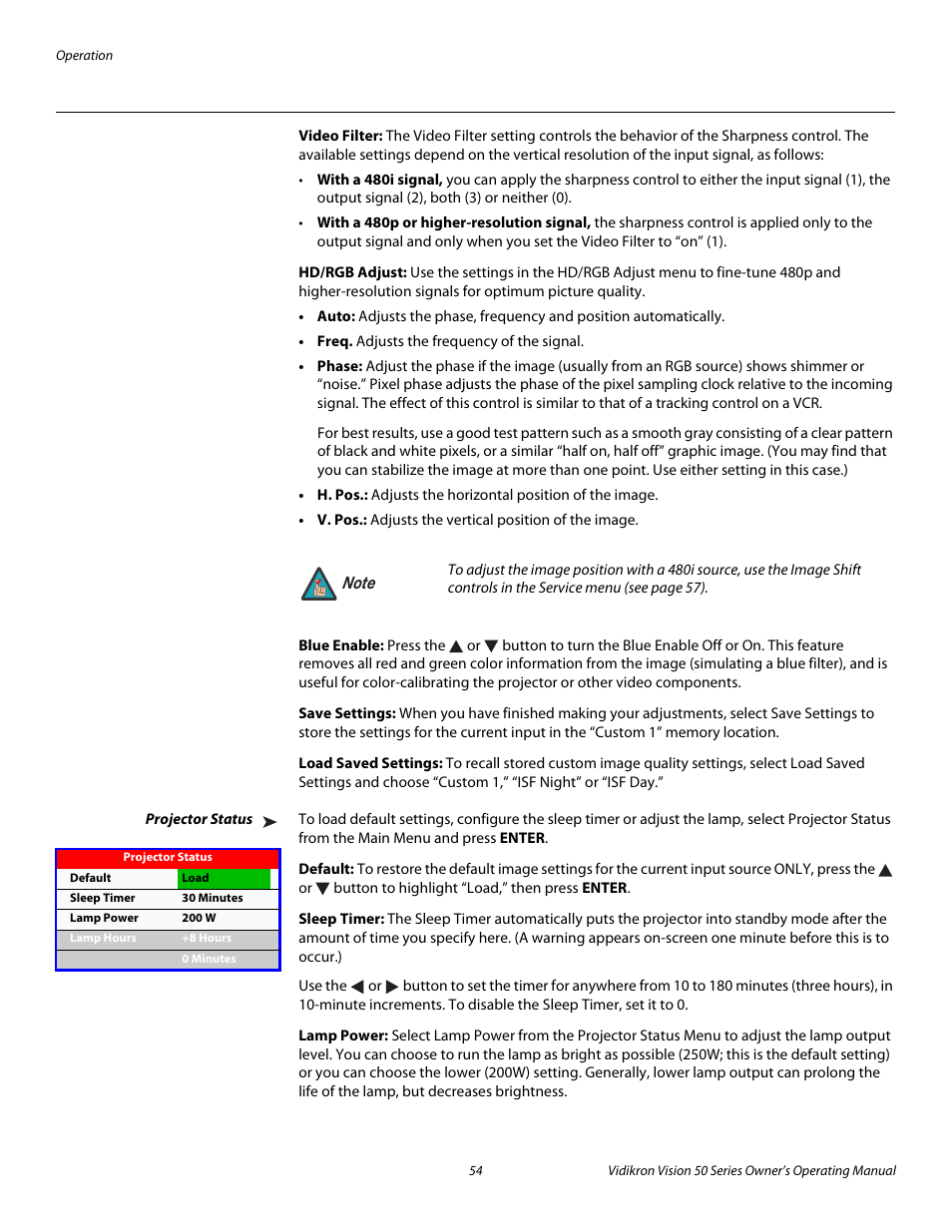 Video filter, Hd/rgb adjust, Blue enable | Save settings, Load saved settings, Projector status, Default, Sleep timer, Lamp power, Pre l iminar y | Vidikron Vision 50 User Manual | Page 66 / 90